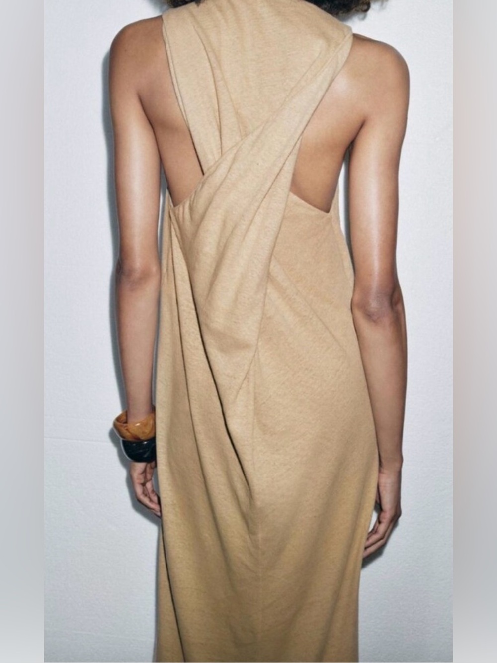 Zara Taupe Brown Linen Midi Cross-Back Maxi Dress